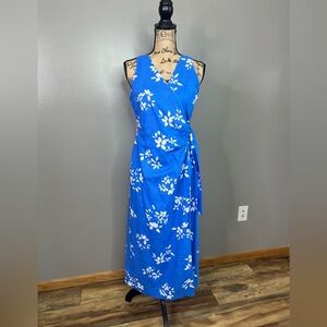 Ann Taylor Blue and White Floral Maxi midi Dress linen blend faux wrap travel
